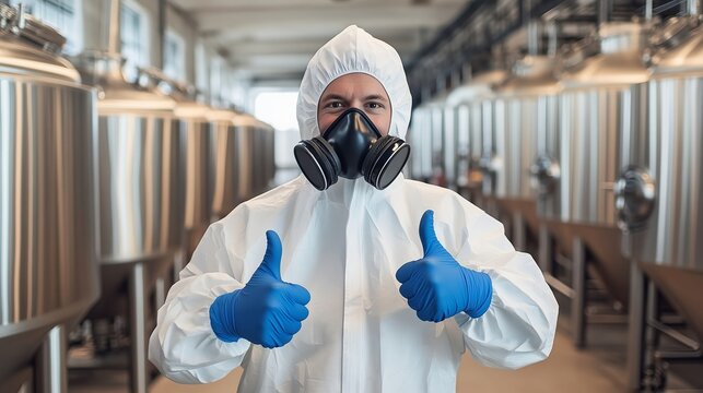 Technician wearing protective suit and mask showing thumbs up in food processing plant - Powered by Adobe