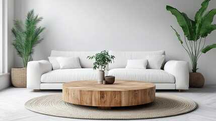 White sofa and round wood coffee table in cozy Scandinavian living room