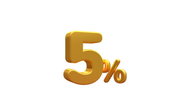 3D render number 5% percentage golden discount,progress,earning, PNG, transparent