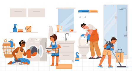 Multiracial family cleaning the bathroom together flat vector illustration. Parents with children doing house chores together.