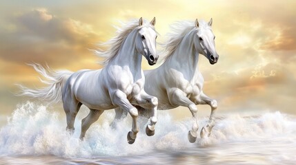 Fototapeta premium Two white horses galloping through shallow water against a scenic sunset backdrop.