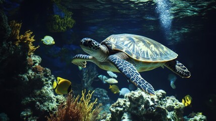 Fototapeta premium A sea turtle swims gracefully through a vibrant coral reef with colorful fish.
