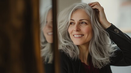 A woman with long gray hair is smiling at the camera