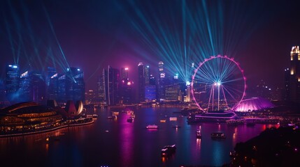Vibrant city skyline with light beams and a giant Ferris wheel reflecting on the water.