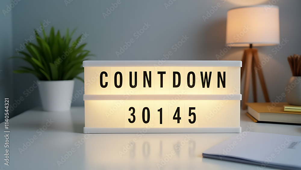 Poster Countdown to new business goals with modern design elements like a numbered lightbox on a minimalist office desk setup._00002_