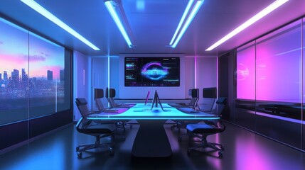 Fototapeta premium A modern conference room with futuristic design and technology for collaborative meetings.