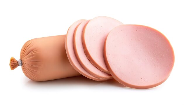 Bologna sausage is derived from the salume mortadella, a similar looking, finely ground pork sausage, originating from the Italian city of Bologna. Isolated on white background