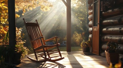 Serene Rustic Rocking Chair on Cabin Porch with Sunlight Rays