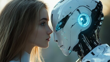 Fototapeta premium Young woman and humanoid robot sharing an intimate moment