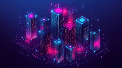 A vibrant digital cityscape with glowing skyscrapers and futuristic elements.