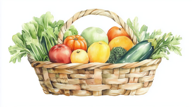 Watercolor basket filled with fresh fruits and vegetables, vibrant green and orange tones, minimal layout symbolizing conscious consumerism
