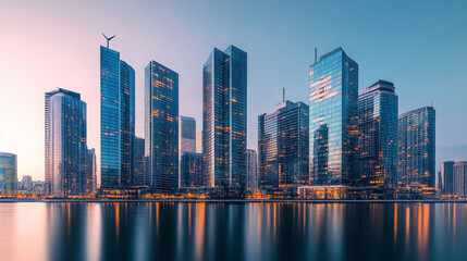 Fototapeta premium An impressive row of high-rise glass buildings along a waterfront, showcasing sleek lines, reflective surfaces, and rooftop wind turbines, capturing the elegance of contemporary urban design