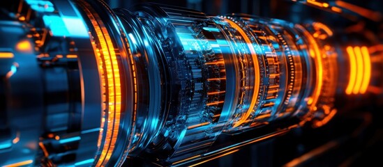 A futuristic technological component with glowing elements and intricate design.