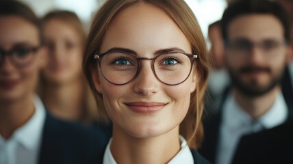 Fototapeta premium Professional Change promotion concept. A confident woman in glasses smiles warmly, surrounded by a group of professionals, suggesting teamwork and collaboration.
