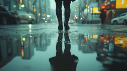 Reflection of a person walking on a rainy street