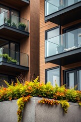 Naklejka premium Warm Autumn Colors on Contemporary Building Facade with Glass Balconies and Rooftop Garden