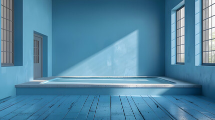 Obraz premium Blue Room Interior Design with Window and Pool - 3D Illustration