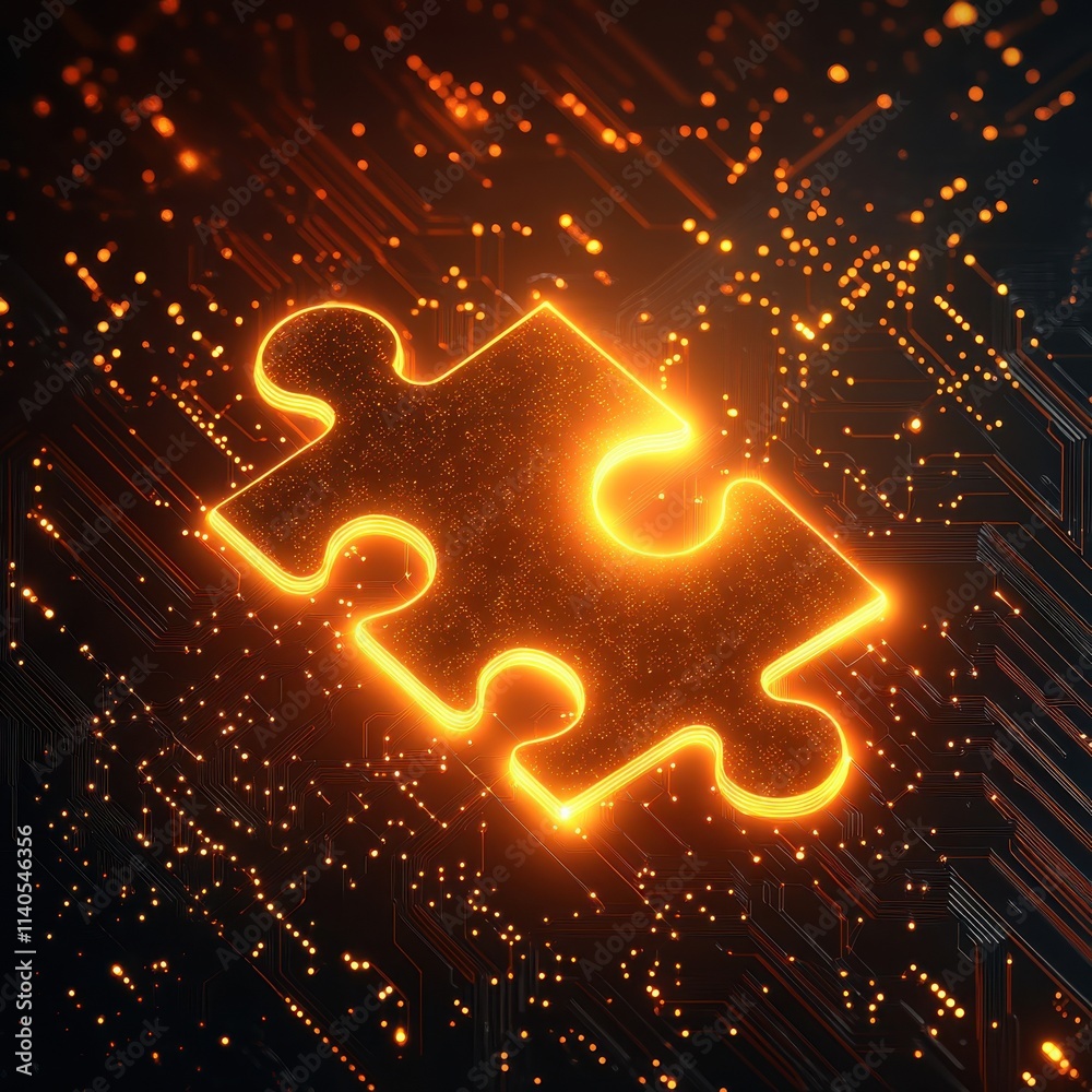 Poster illuminated puzzle piece on a dark, circuit-patterned background, representing technology and proble