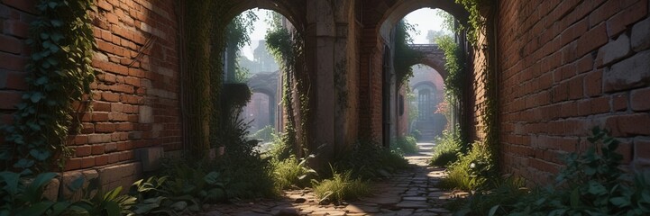 Obraz premium Narrow dimly lit passageway with crumbling brick walls and overgrown vegetation, vegetation, nashville, nature