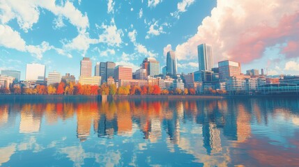 Naklejka premium Vibrant Cityscape Reflection in Serene Water Beneath Blue Sky