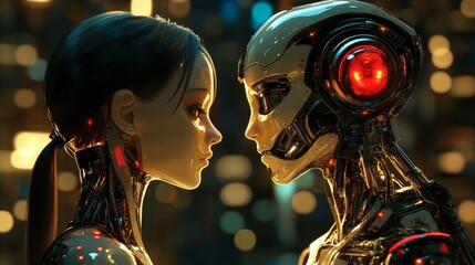 Fototapeta premium Close-up of a woman and robot gazing at each other in a sci-fi setting
