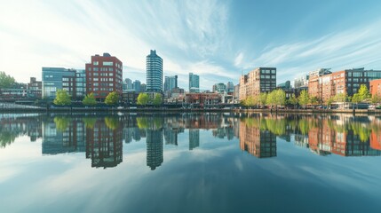 Obraz premium Serene Cityscape Reflection on Calm Water at Dawn in Urban Setting