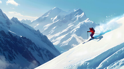 Skier Skiing Downhill on Snowy High Mountain Slopes

