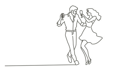 Man and woman dancing together, holding a glass in their hands. Hand drawn vector illustration. Black and white.