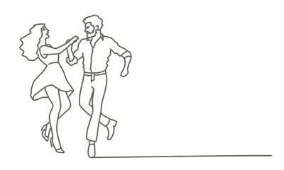 Man and a woman are dancing together. The man is wearing a white shirt and the woman is wearing a dress. Hand drawn vector illustration. Black and white.
