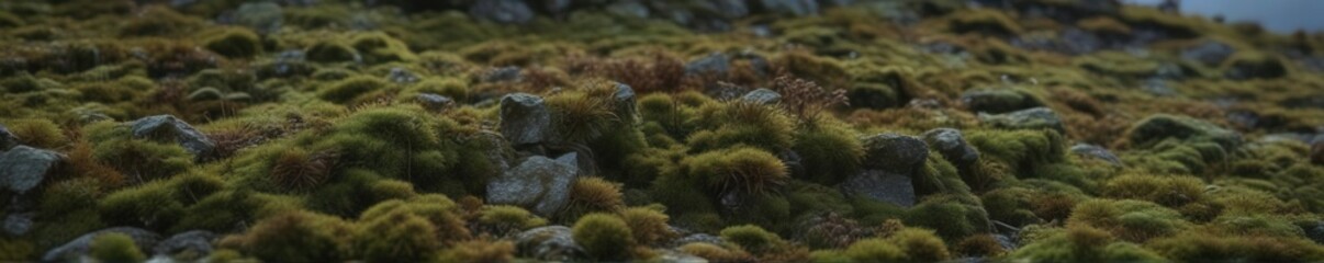 Barn roof covered in a thick layer of moss and lichen at dusk, rural landscape, isolated area