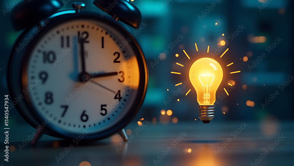 Poster bright ideas strike like an alarm clock with a shiny light bulb icon on a digital dateline display._