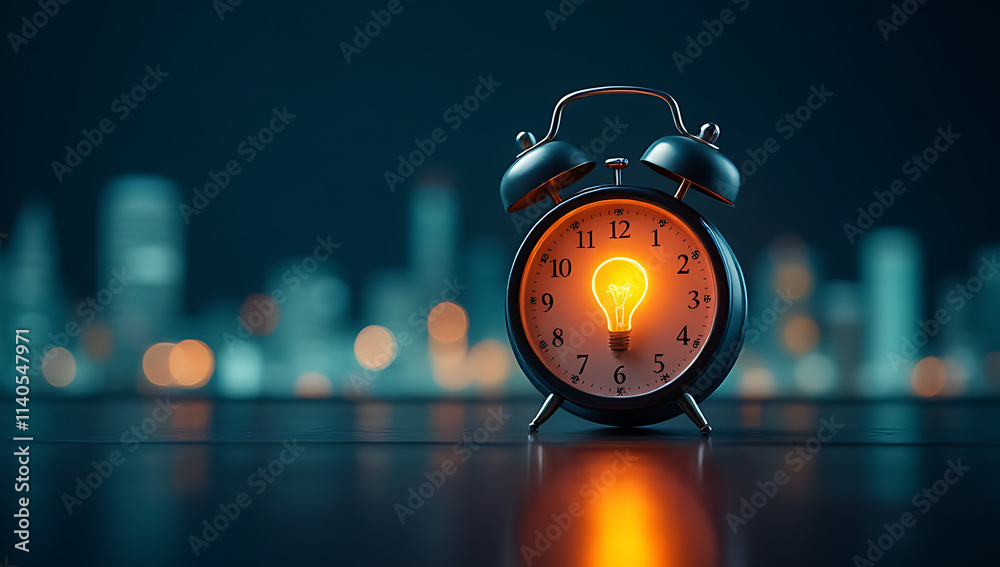 Aufkleber bright ideas strike like an alarm clock with a shiny light bulb icon on a digital dateline display._