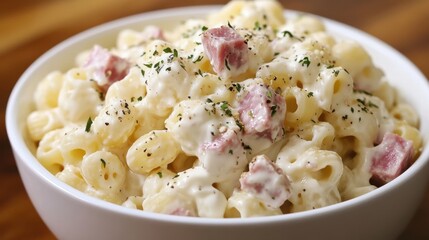 Creamy Pasta Dish with Ham and Herbs in a White Bowl