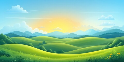 Obraz premium A serene landscape featuring rolling green hills and a vibrant sunset sky, creating a peaceful and calm atmosphere.