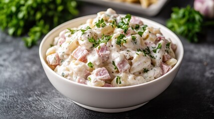 Creamy Pasta Salad with Fresh Herbs and Diced Ham Topped with Parsley