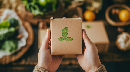 Photo of A close-up image of hands holding eco-friendly packaging made from plant-based materials, such as cornstarch or recycled paper. The packaging has a natural.