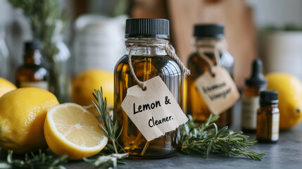 Photo of A close-up shot of homemade cleaning products in reusable glass containers. The background shows a sparkling clean kitchen, indicating the effectiveness of these natural solutions