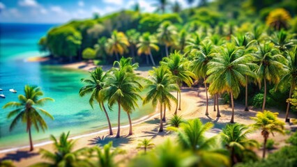Fototapeta premium Miniature Palm Trees, Tilt-Shift Photography, Tropical Paradise, Island Scene, Summer Vacation, Exotic Plants, Palm Tree Landscape, Miniature World, Diecast Palm Trees