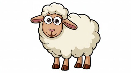 Sheep with Big Eyes and Fluffy Wool Against a Simple White Background