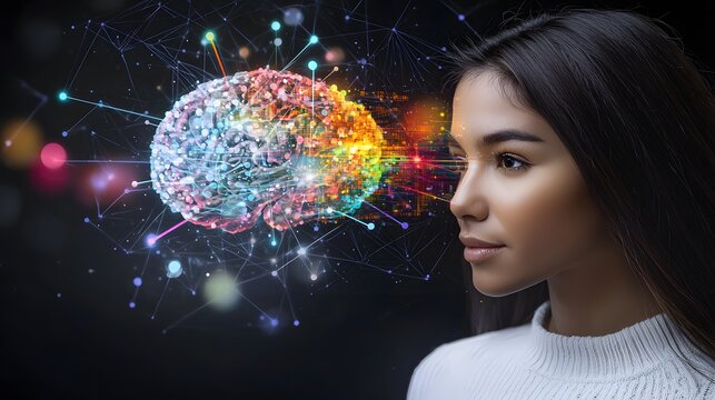 conceptual double exposure shot of a woman&rsquo;s brain, with a burst of colorful data and complex algorithms radiating from it, symbolizing her intellectual power and contributions to mathematics 