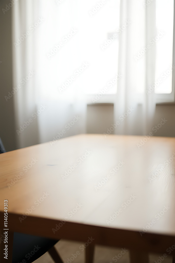 Poster A wooden table in a room with a blurred white curtain behind it, partially obstructing a view through a window._00002_