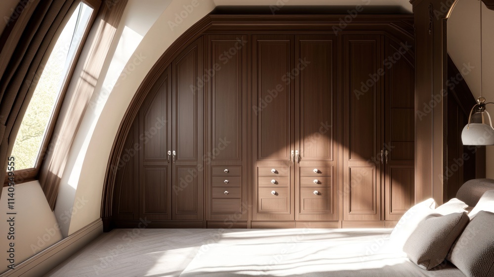 Wall mural A modern bedroom featuring a wooden wardrobe with natural light streaming through windows.