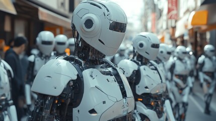 Line of humanoid robots standing in a futuristic urban environment