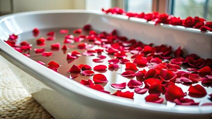 Still life of a white bath filled with water and red rose petals