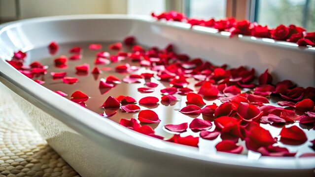 Still life of a white bath filled with water and red rose petals - Powered by Adobe