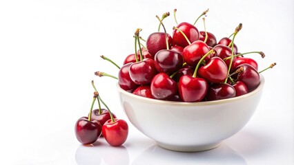 Still life of cherries in a bowl on white background