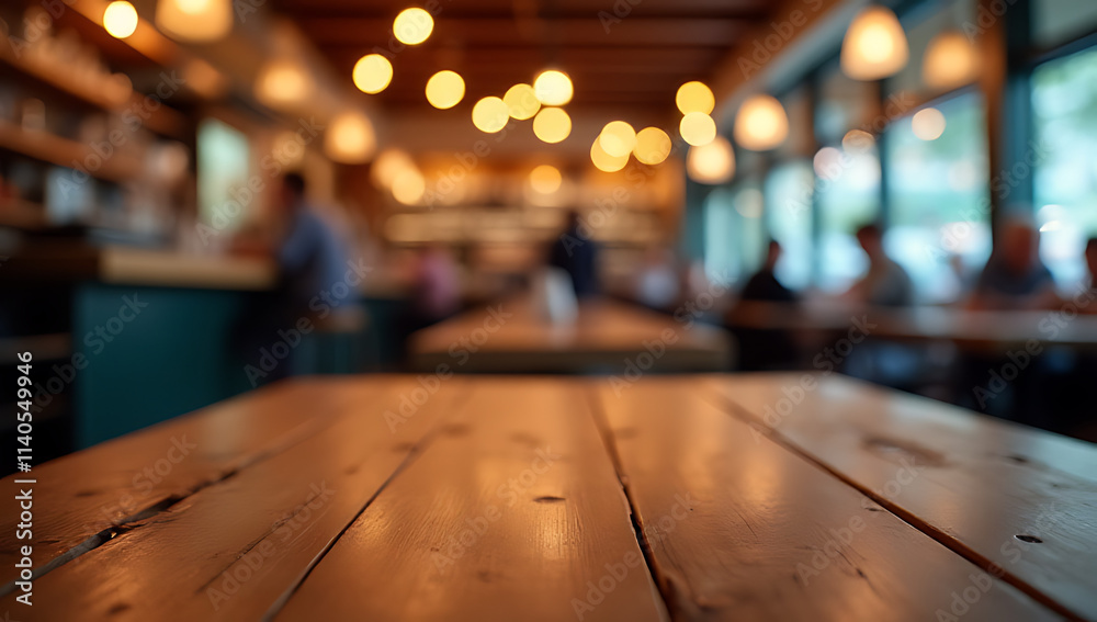 Aufkleber a wood tabletop with a blurred colorful light bokeh effect in a busy cafe and restaurant setting._00