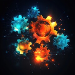 Obraz premium A vibrant digital illustration of interlocking gears in blue and orange, symbolizing technology and innovation.