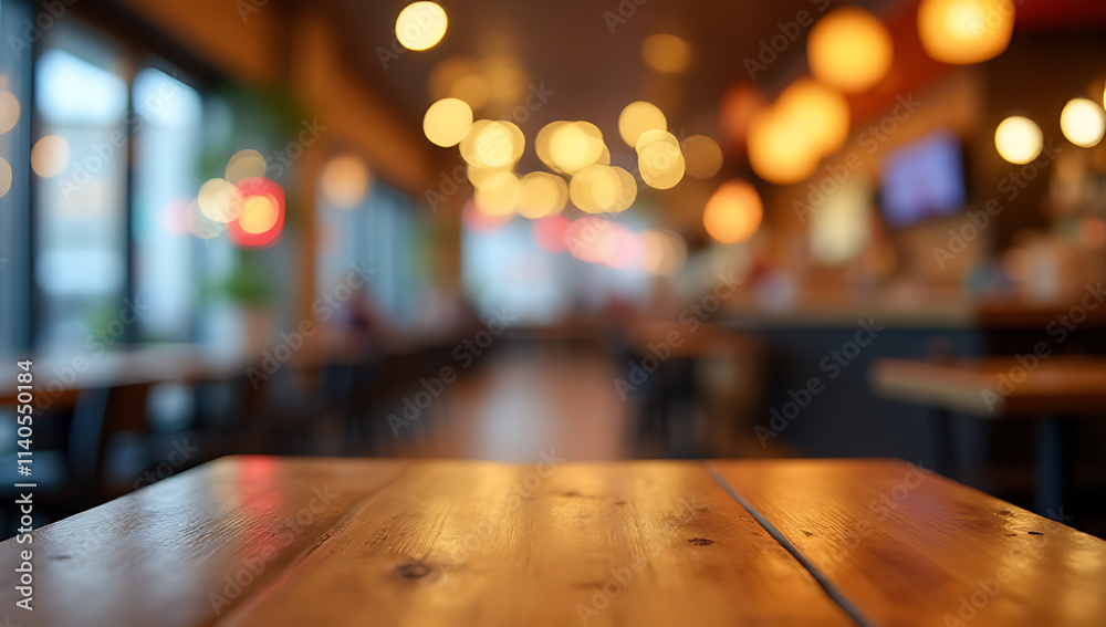 Poster a wood tabletop with a blurred colorful light bokeh effect in a busy cafe and restaurant setting._00