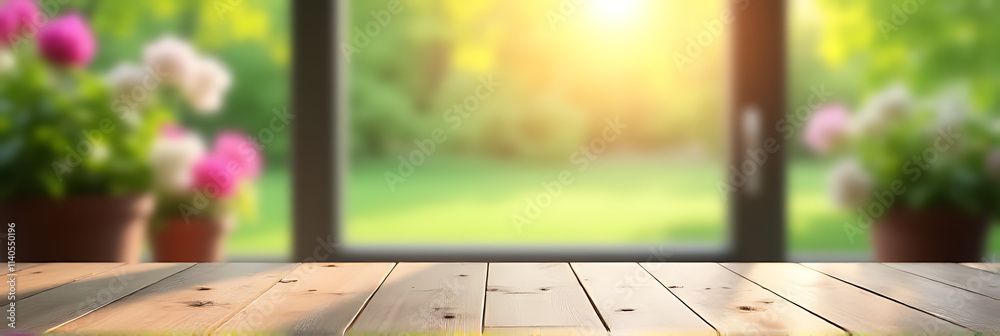 Poster a wood table top is set against a blurred window view of a garden with flowers in the morning sunlig